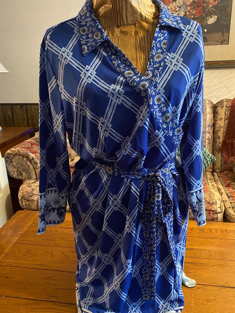 C. Wonder Royal Blue & Light Blue Long Sleeve Wrap Shirt Dress